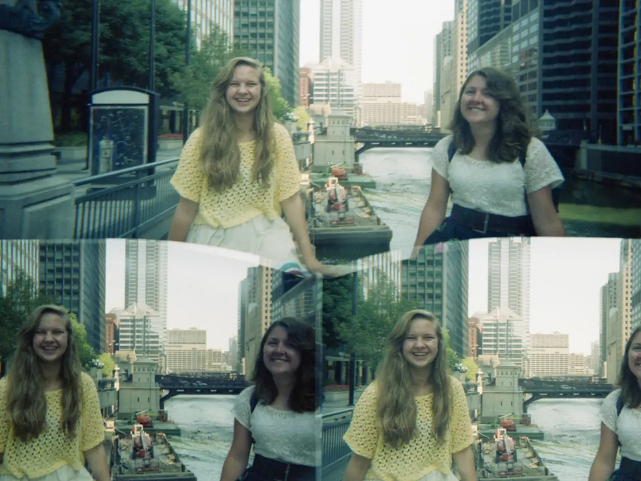 This is a collage image of two girls with a smile on their face, behind them there are buildings,...