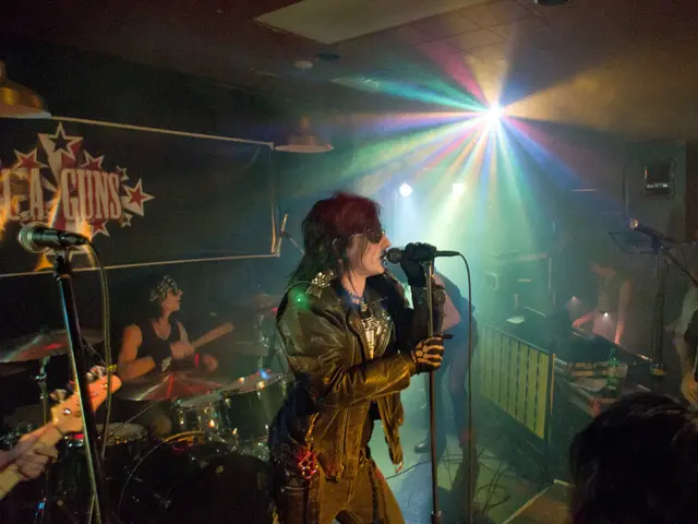 In this picture we can see live musical performance of the group on the stage, In front a woman...