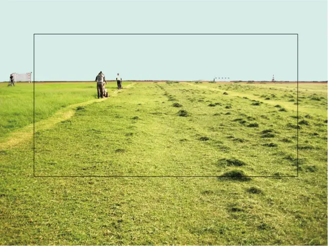 In this image there are three persons using grass cutters in the field, there is a goal post, a...