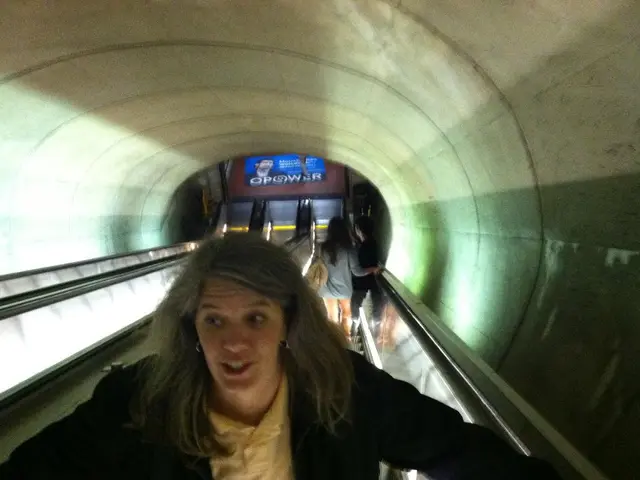 In this image we can see people standing on the elevator. At the top of the image there is ceiling....